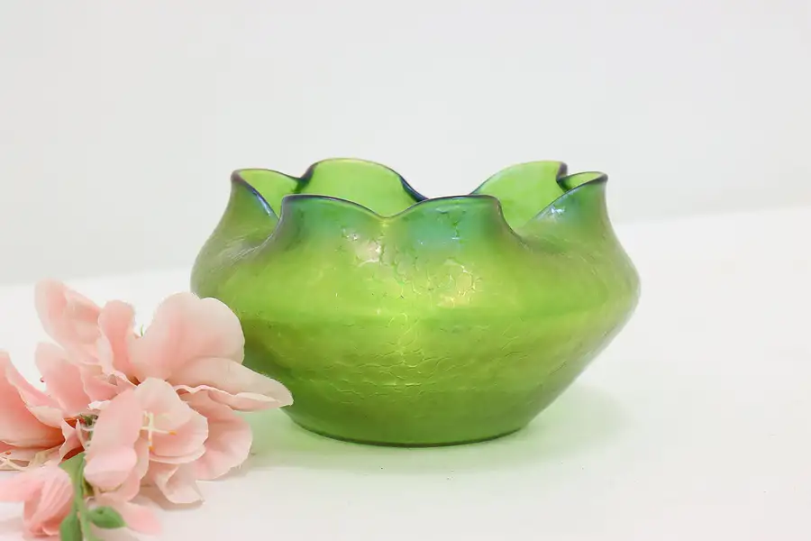 Main image of Mottled Gold & Green Antique Blown Art Glass Bowl