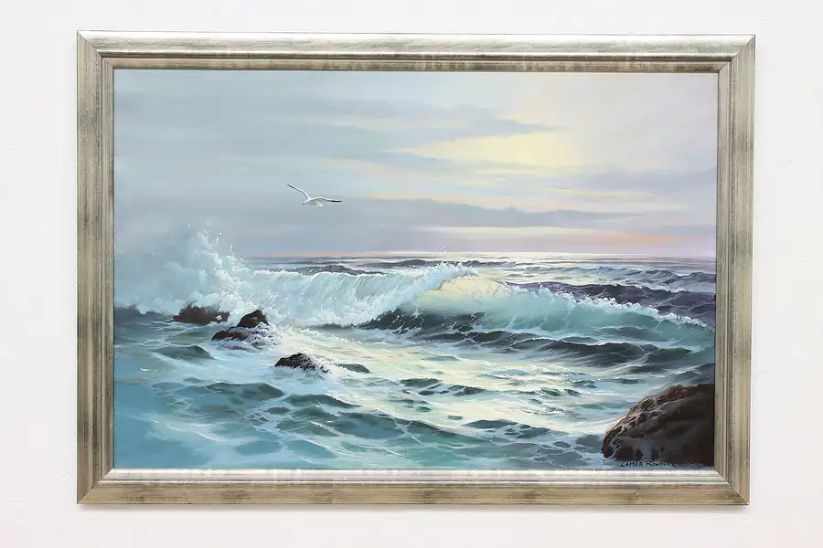 Main image of Ocean Waves & Moon Vintage Original Oil Painting Rowbury 40"