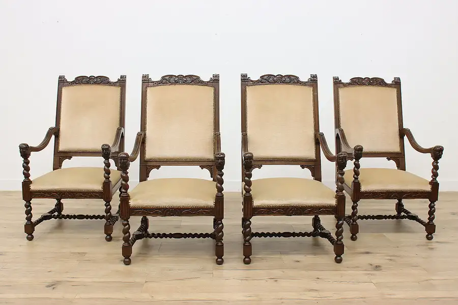 Main image of Set of 4 Antique Dining or Game Chairs, Carved Knight Heads