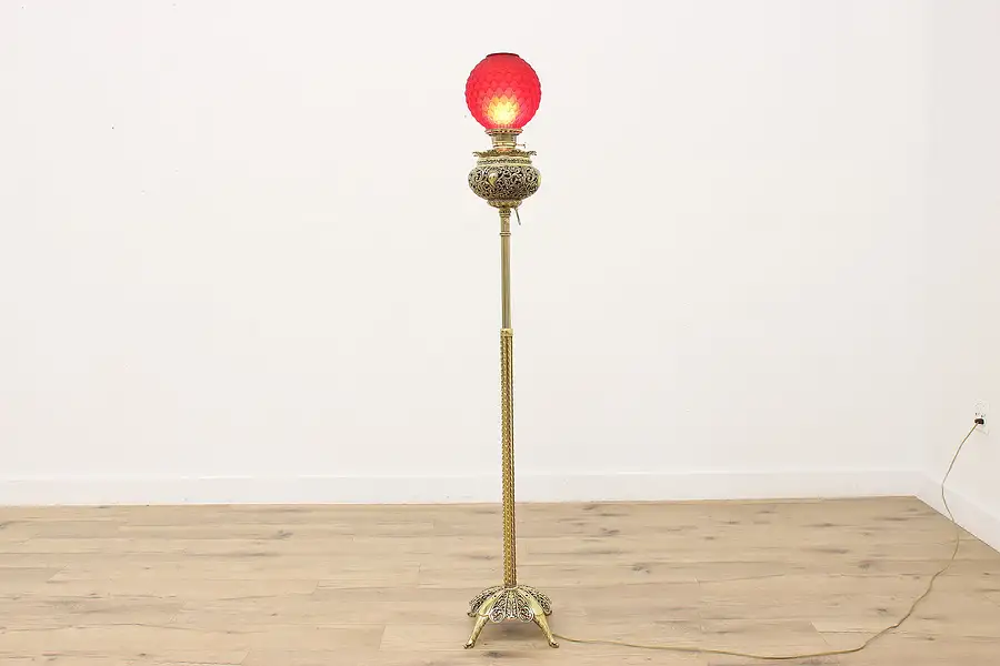Main image of Victorian Antique Adjustable Brass Organ Lamp Ruby Shade