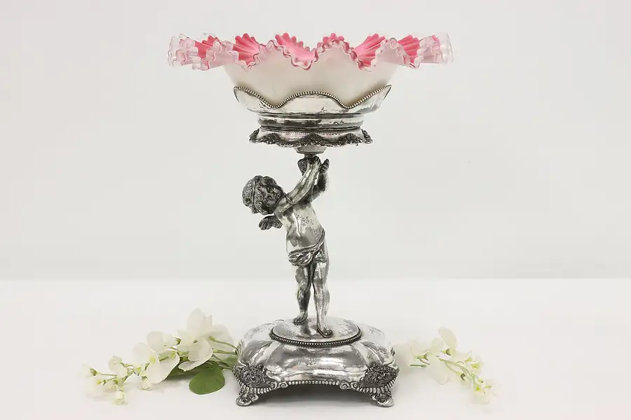 Main image of Victorian Antique Cranberry Glass Bride Basket Cherub Stand