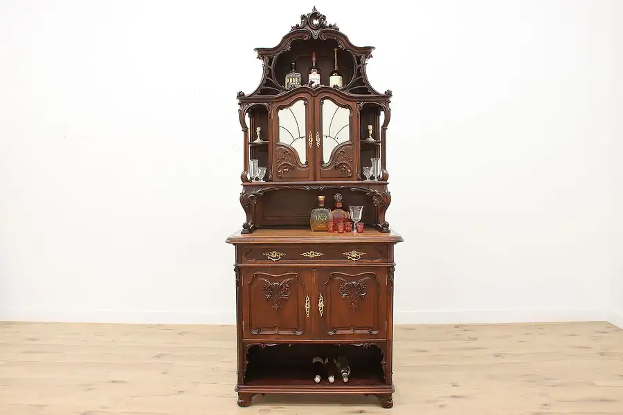 Main image of French Antique Carved Walnut & Marble Sideboard Bar Cabinet