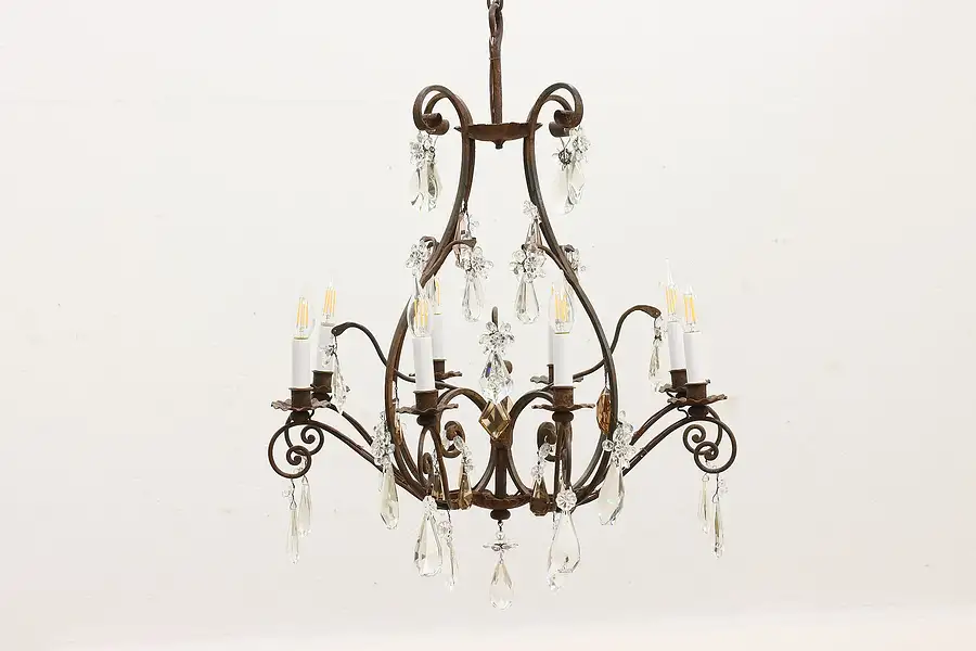 Main image of Wrought Iron Vintage 8 Candle Chandelier, Crystal Prisms