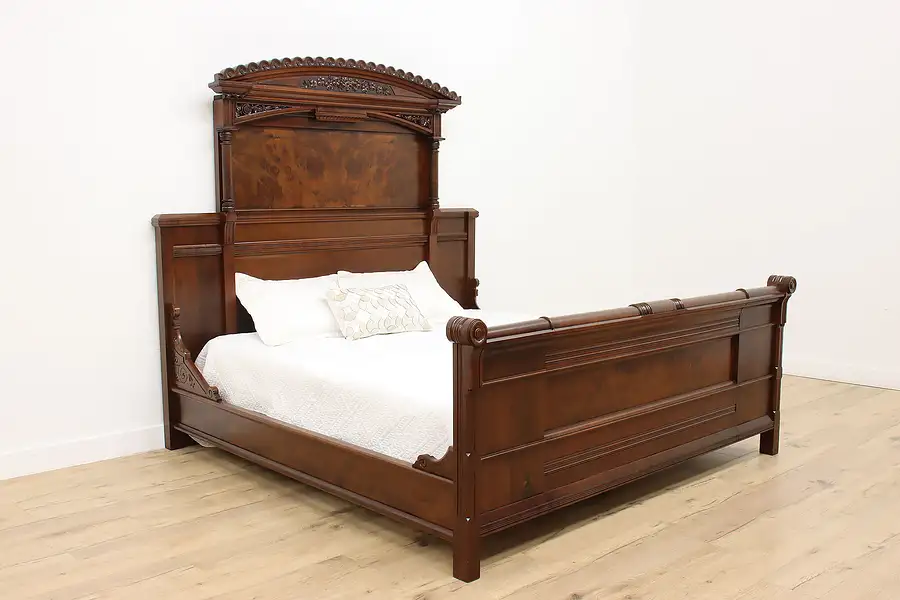 Main image of Victorian Eastlake Antique Walnut King Bed, Carved Flowers