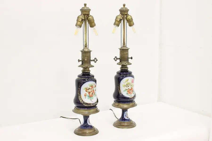 Main image of Pair of French Antique Painted Porcelain Brass Boudoir Lamps
