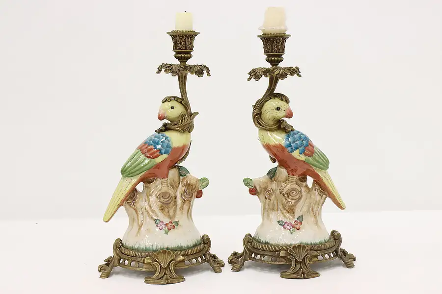 Main image of Pair of French Antique Ceramic & Brass Parrot Candlesticks