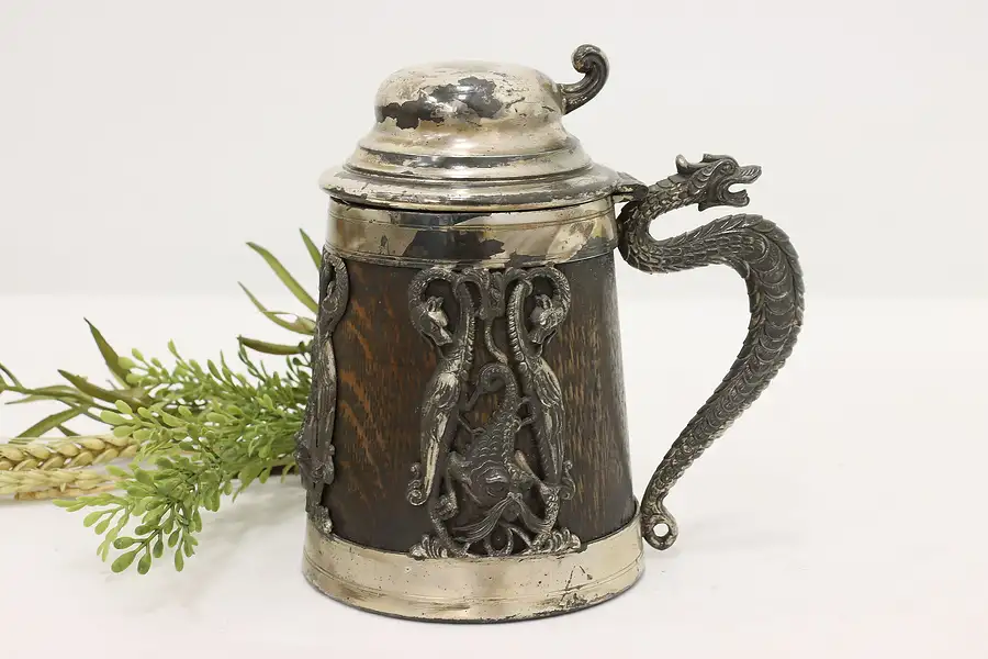 Main image of Dragons Antique Silverplate & Oak Beer Stein, St. Louis