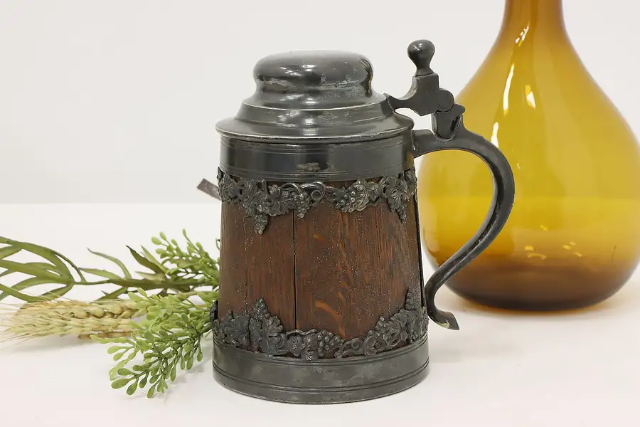 Main image of Farmhouse Antique Silver & Oak Beer Stein, Grapes, St. Louis