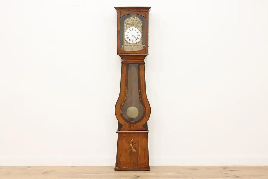 French Antique Painted Tall Case Grandfather Morbier Clock #36803