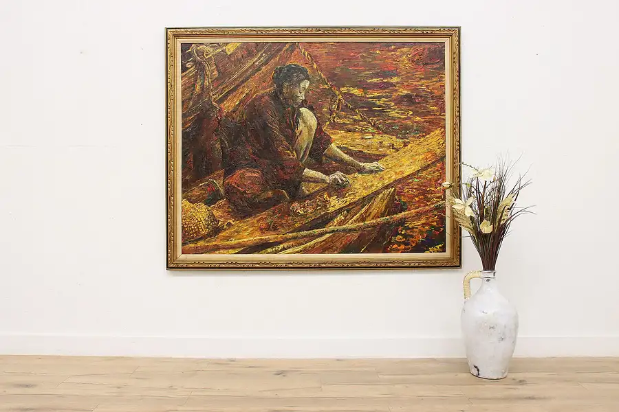 Main image of Repairing the Sampan Vintage Original Oil Painting Signed 67"