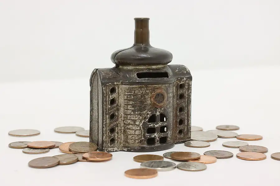 Main image of Farmhouse Antique Cast Iron Coin Bank with Bullet Chimney