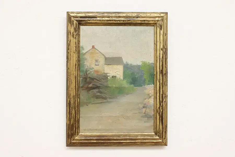 Main image of Windmill & River Antique Original Oil Painting, Stohr 19.5"