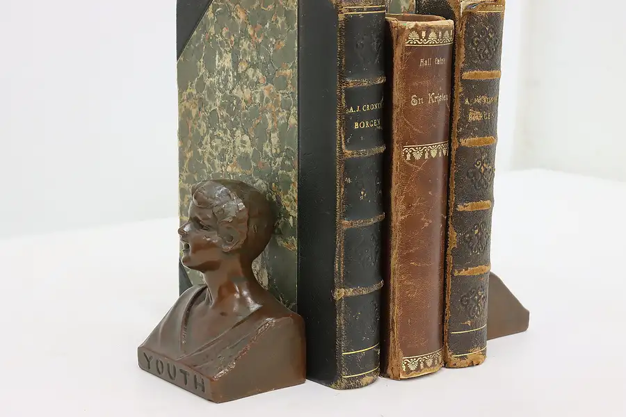 Main image of Bronze Plated Vintage Young Boy Sculpture Bookends, WB
