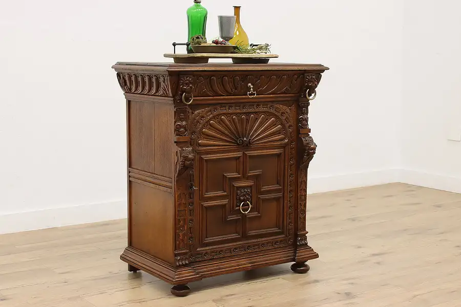 Main image of Renaissance Antique Carved Oak Hall or Bath Cabinet, Cherubs