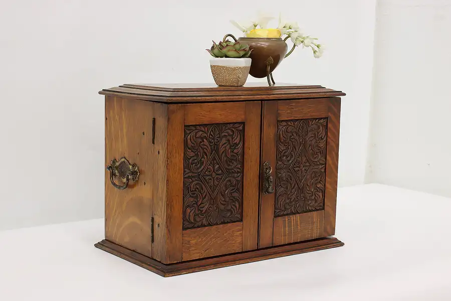 Main image of English Antique Carved Oak Tobacco Tabletop Chest