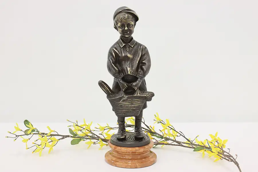 Main image of Boy & Basket Antique Bronze Sculpture on Marble, Farbel