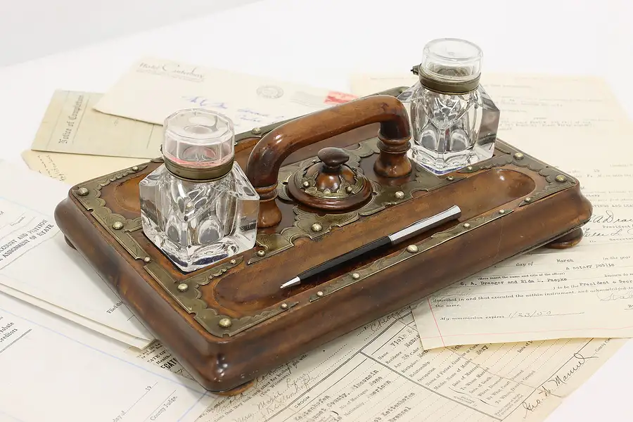 Main image of Victorian Antique Walnut & Brass Double Inkwell Stand