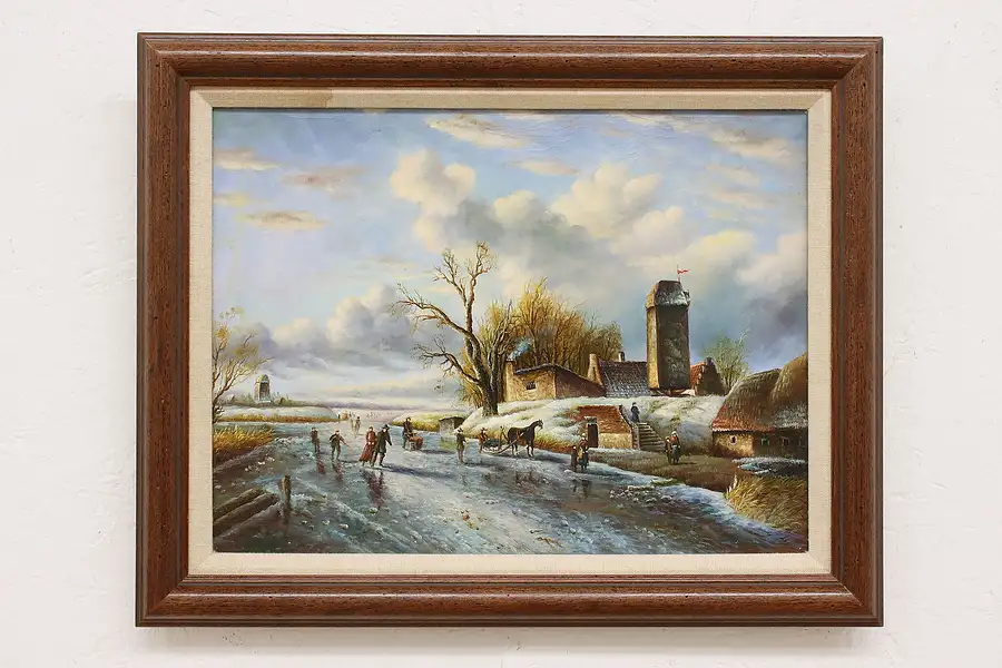 Main image of Villagers Skating on Ice Antique Original Oil Painting 19.5"