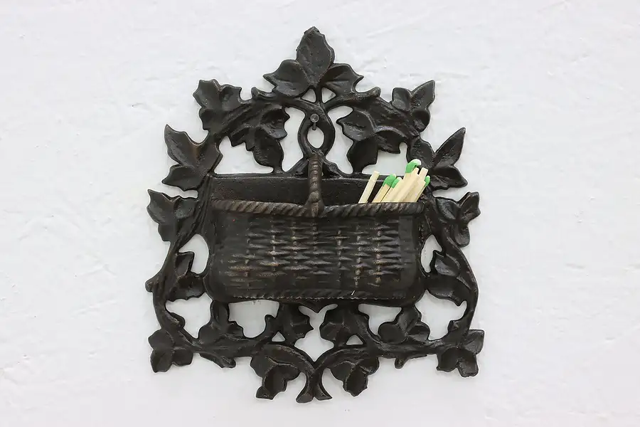 Main image of Victorian Antique 1868 Cast Iron Wall Basket Match Holder