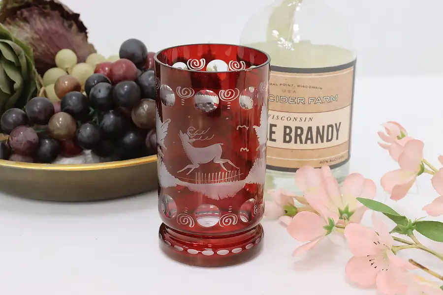Main image of Blown Ruby Red & Clear Antique Glass Tumbler, Reindeer