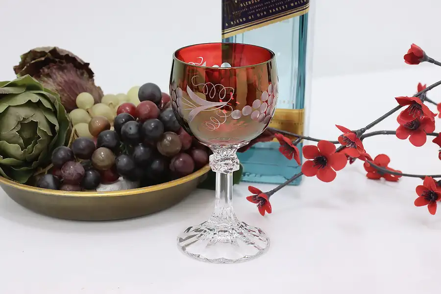 Main image of Etched & Cut Ruby Red Glass Vintage Wine Goblet