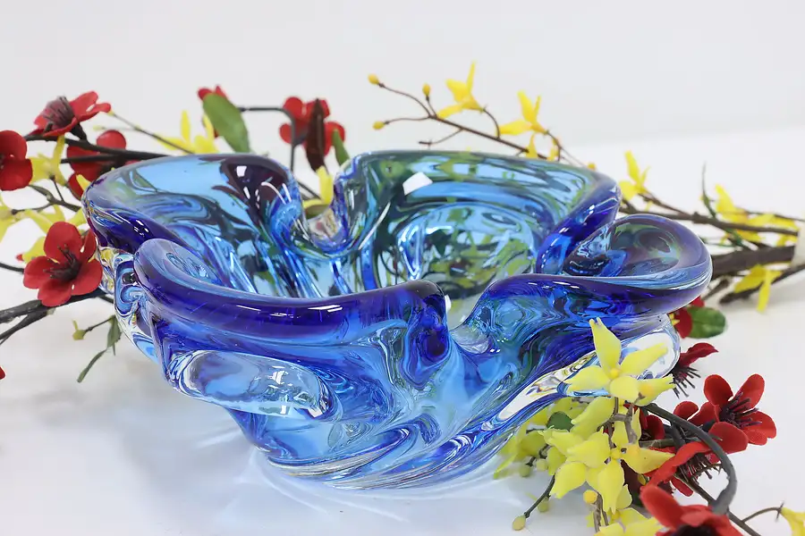Main image of Canadian Vintage Blown Blue Glass Flower Shape Bowl, Chalet