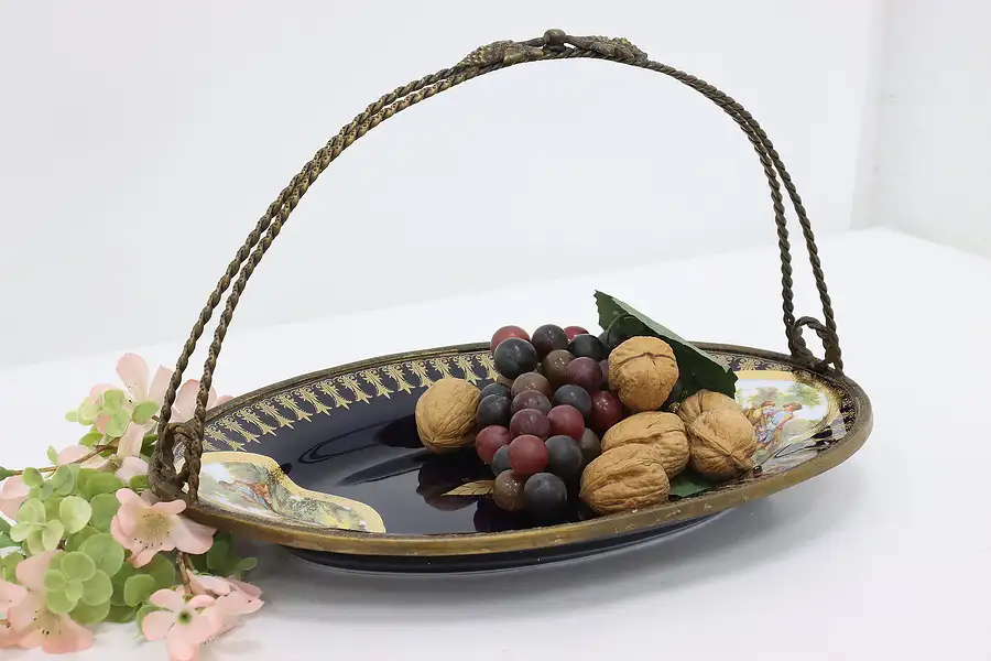 Main image of Victorian Antique Painted Porcelain & Brass Platter or Tray