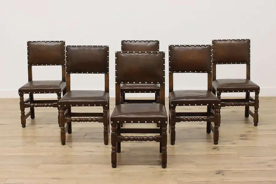 Main image of Set of 6 Vintage Tudor Design Leather & Oak Dining Chairs