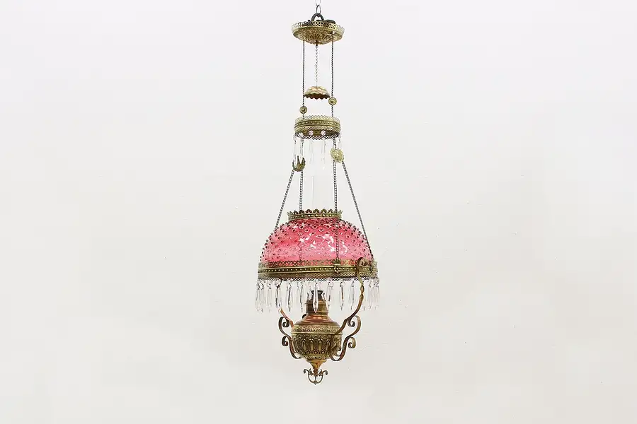 Main image of Victorian Antique Cranberry Glass Oil Chandelier Miller