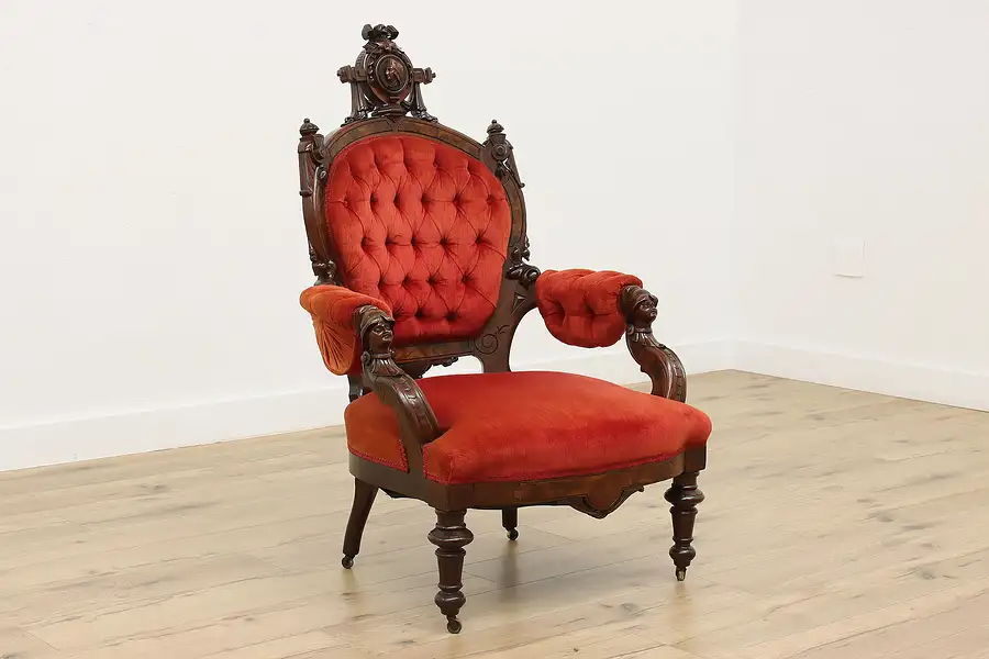 Main image of Victorian Renaissance Antique Walnut & Burl Armchair, Busts
