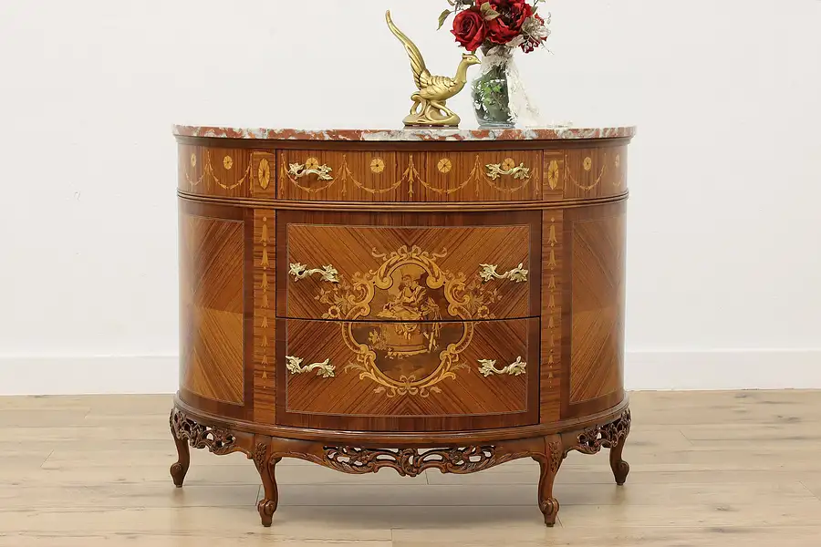 Main image of French Design Antique Rosewood Marble Demilune Hall Console
