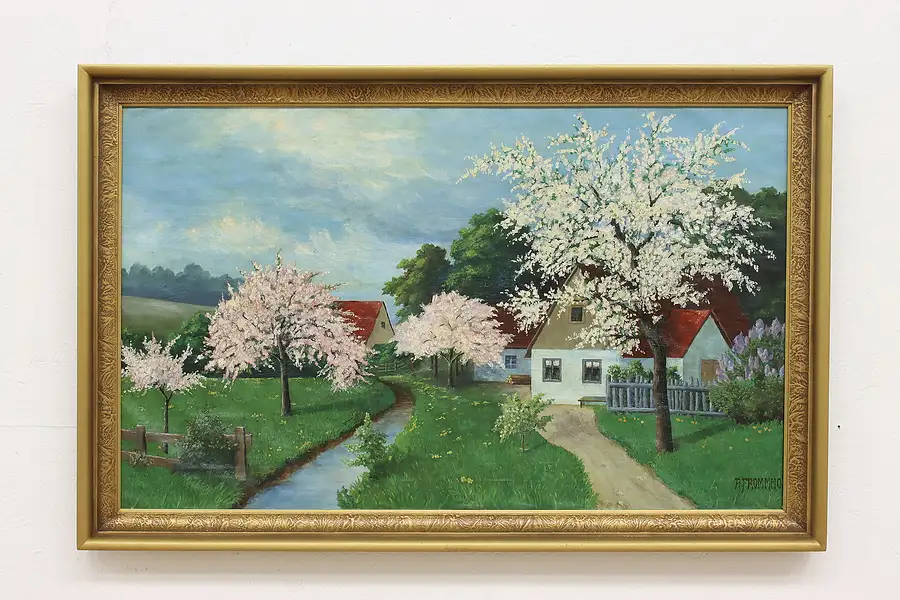Main image of Spring Cottage Vintage Original Oil Painting Frommhold 46.5"
