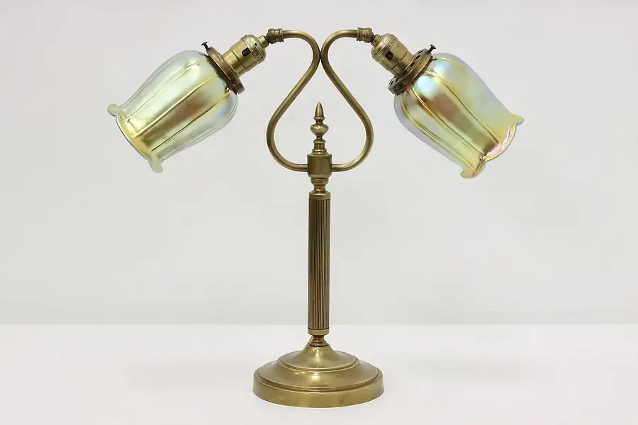 Main image of Art Nouveau Antique Double Desk Lamp Tulip Art Glass Shades