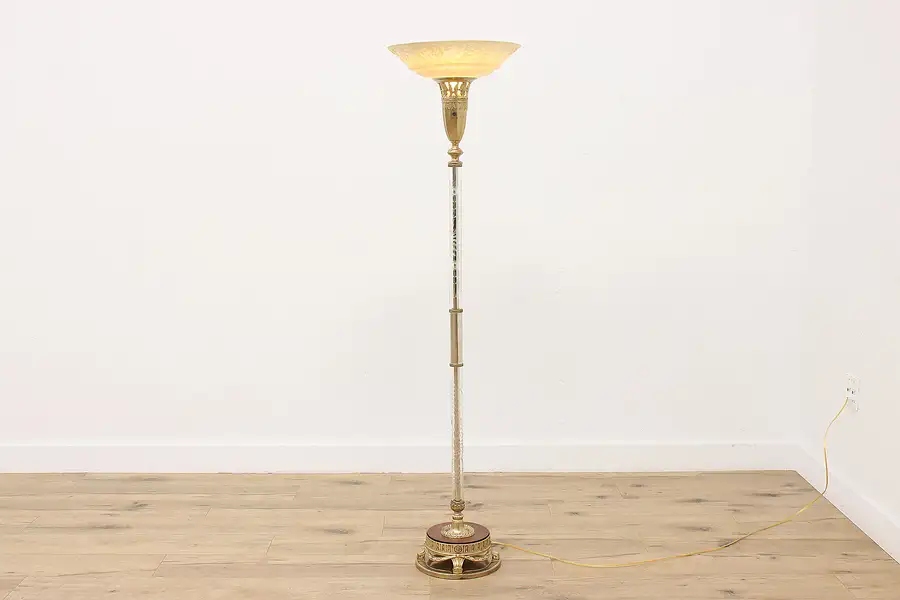 Main image of French Design Vintage Frosted Shade Torchiere Floor Lamp
