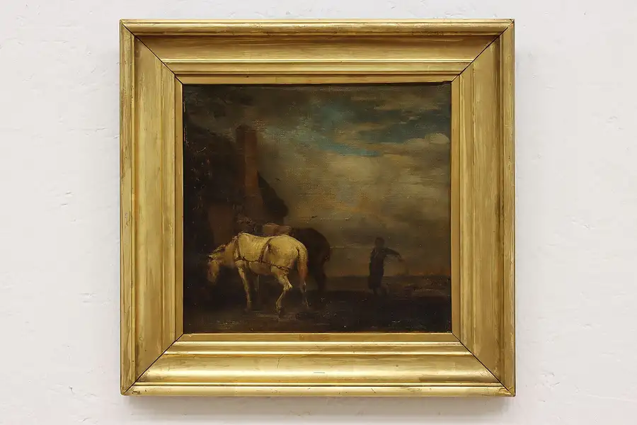 Main image of Farm Horses Antique Original Oil Painting Adolphe 14.5"