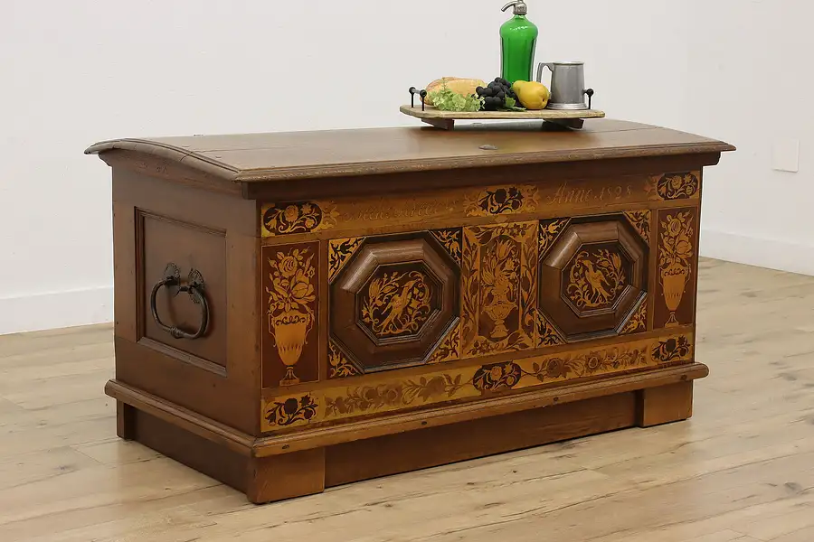 Main image of Marquetry Antique 1828 Dowry Trunk or Blanket Chest