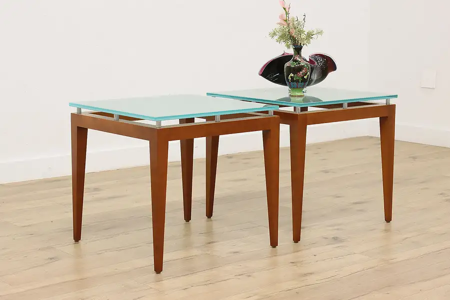 Main image of Pair of Midcentury Modern Glass Top Side Tables, Nucraft