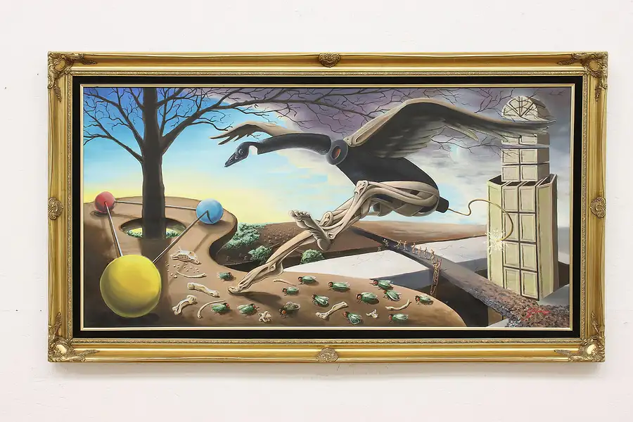 Main image of Surrealist Goose Vintage Original Oil Painting Signed 54.5"