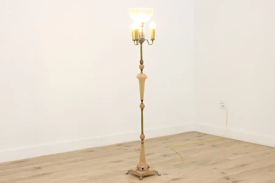 Main image of Art Deco Antique Rose Glass & Brass Torchiere Floor Lamp
