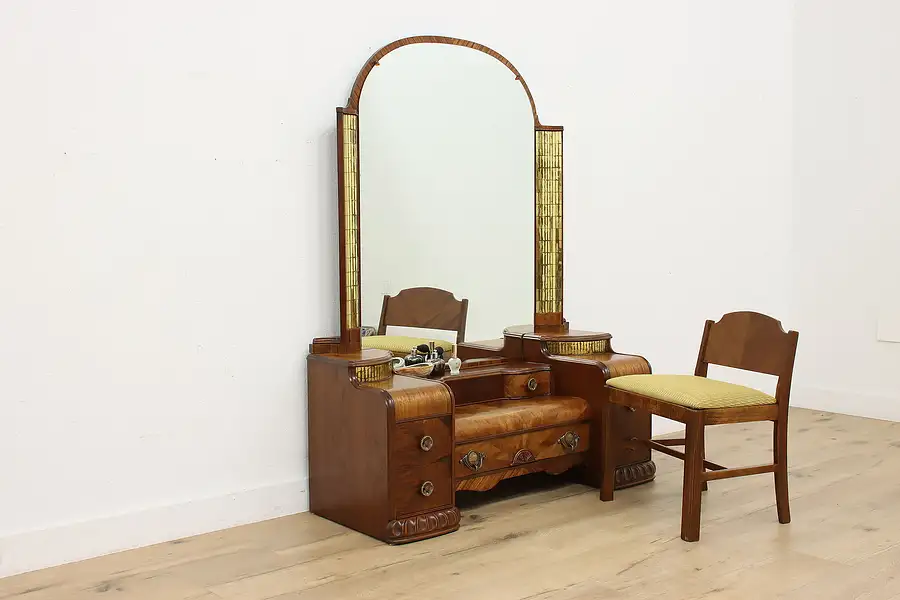 Main image of Art Deco Vintage Waterfall Vanity & Bench, Gold Mosaic
