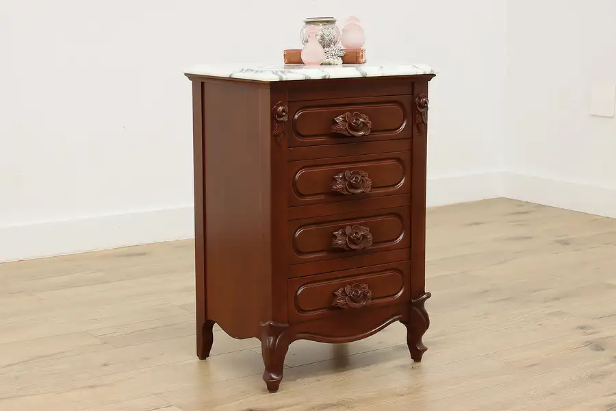 Main image of Victorian Vintage Nightstand End Table, Marble, Carved Roses