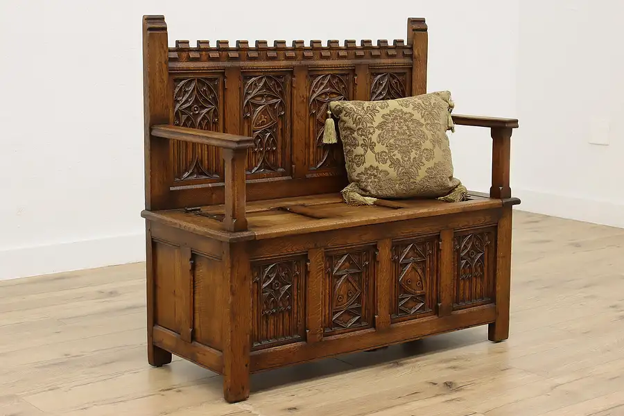 Main image of Gothic Hand Carved Antique Oak Hall Bench with Storage