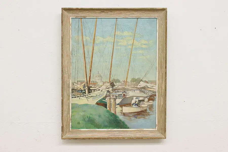 Main image of Bustling Boatyard Antique Original Oil Painting, Rose 30.5"