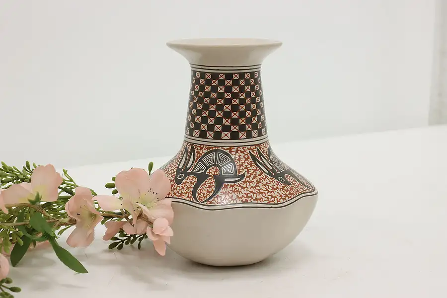 Main image of Mexican Vintage Mata Ortiz Pottery Vase, Rabbits, Martinez