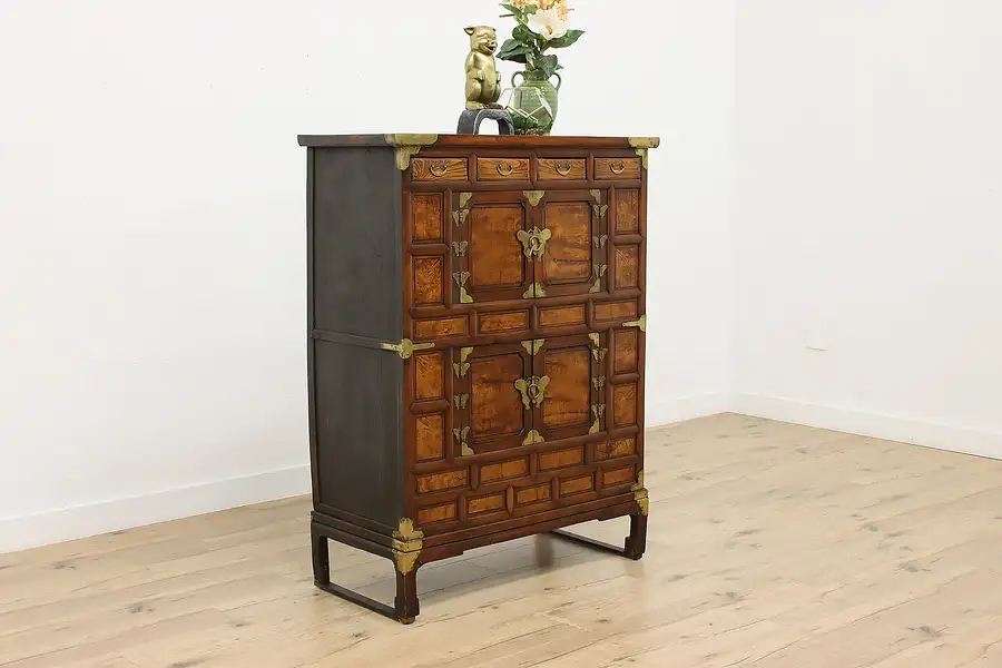 Main image of Korean Antique Pine & Elm Dowry Chest or Cabinet Butterflies