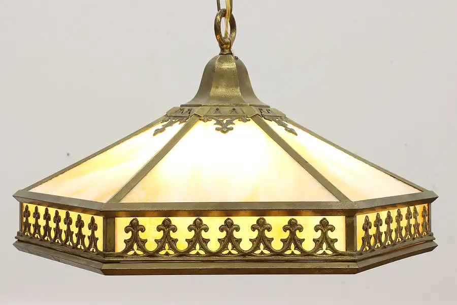 Main image of Arts & Crafts Antique Stained Glass & Brass Light Fixture