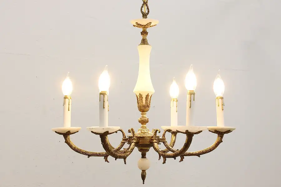Main image of Brass & Alabaster Antique 6 Candle Chandelier
