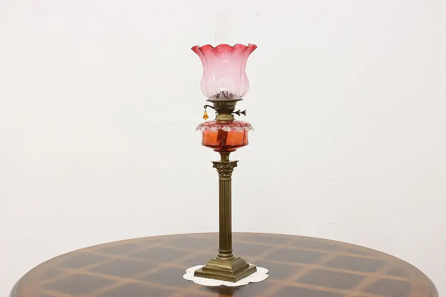 Main image of Victorian Antique Etched Blown Glass & Brass Oil Lamp
