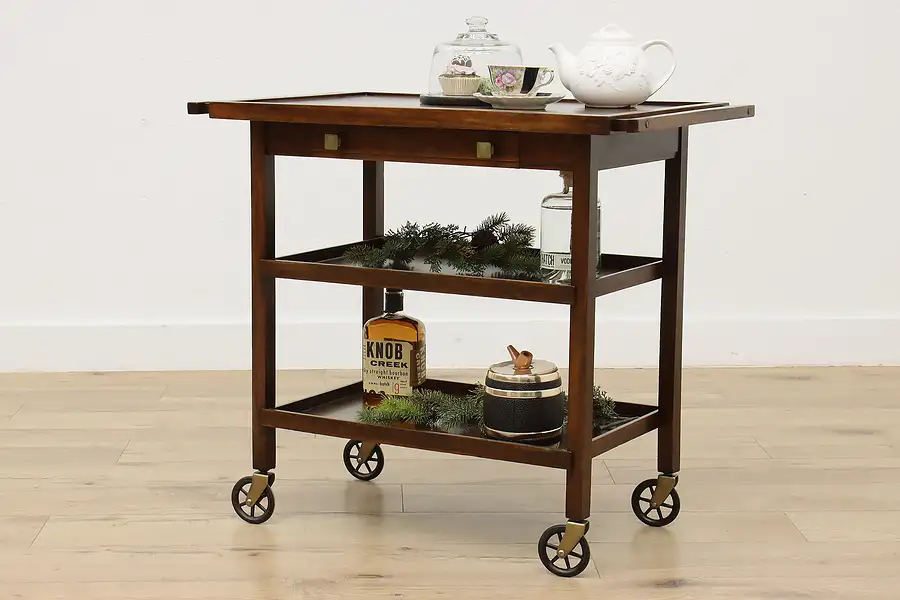 Main image of Arts & Crafts Antique Birch Rolling Tea or Bar Cart, Signed