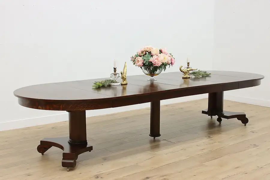Main image of Empire Antique 54" Round Oak Dining Table 7 Leaves Opens 12'